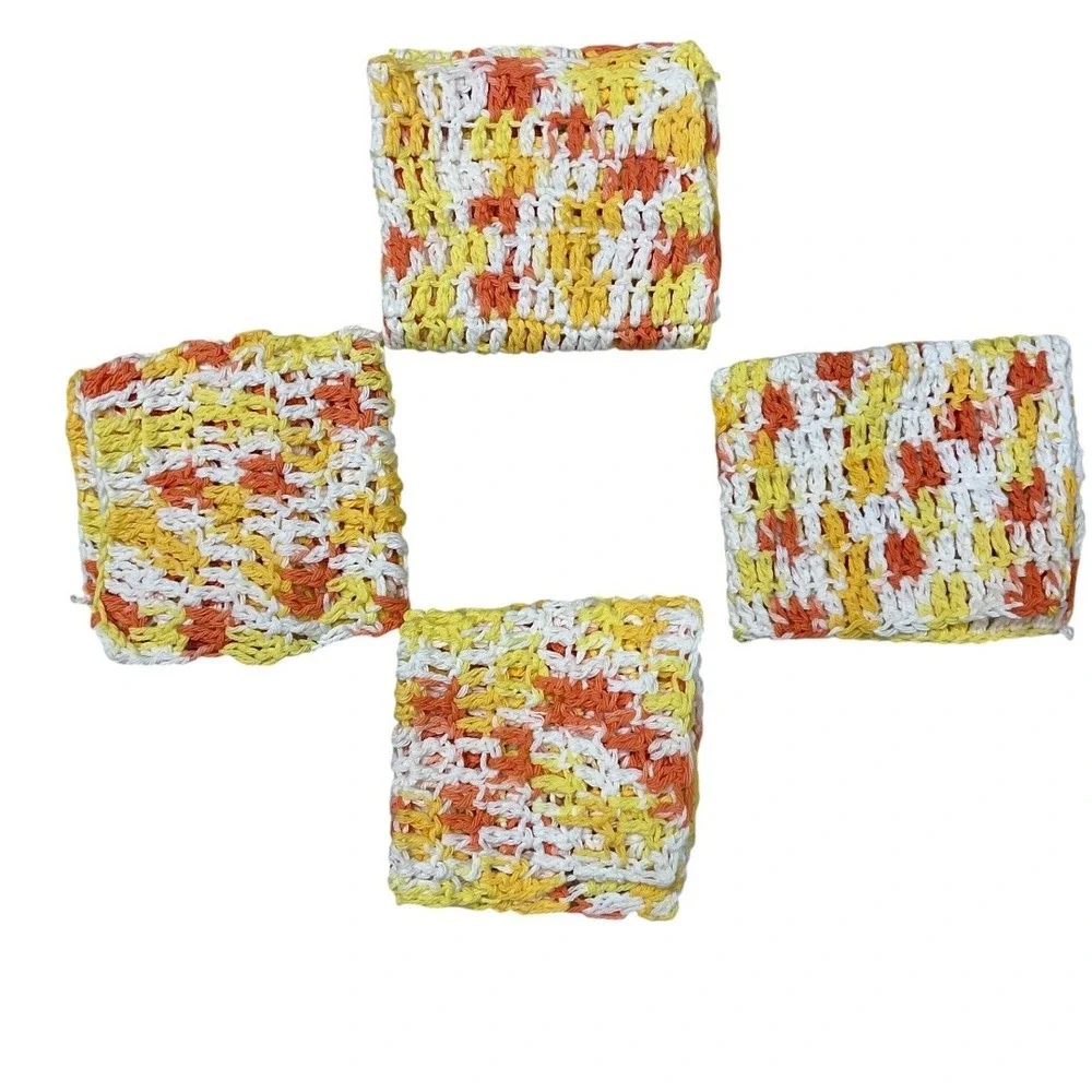 Set of Four Handmade Crochet Dishhcloths‎ Cotton Multi-Color Kitchen Spa